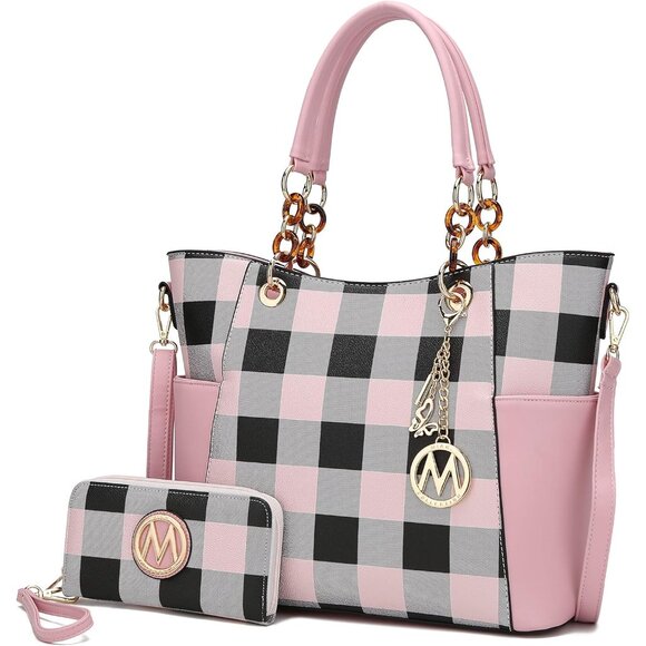 Chic 2-PC Women's Tote Bag Set in Checker Pink - Vegan Leather Purse Duo
